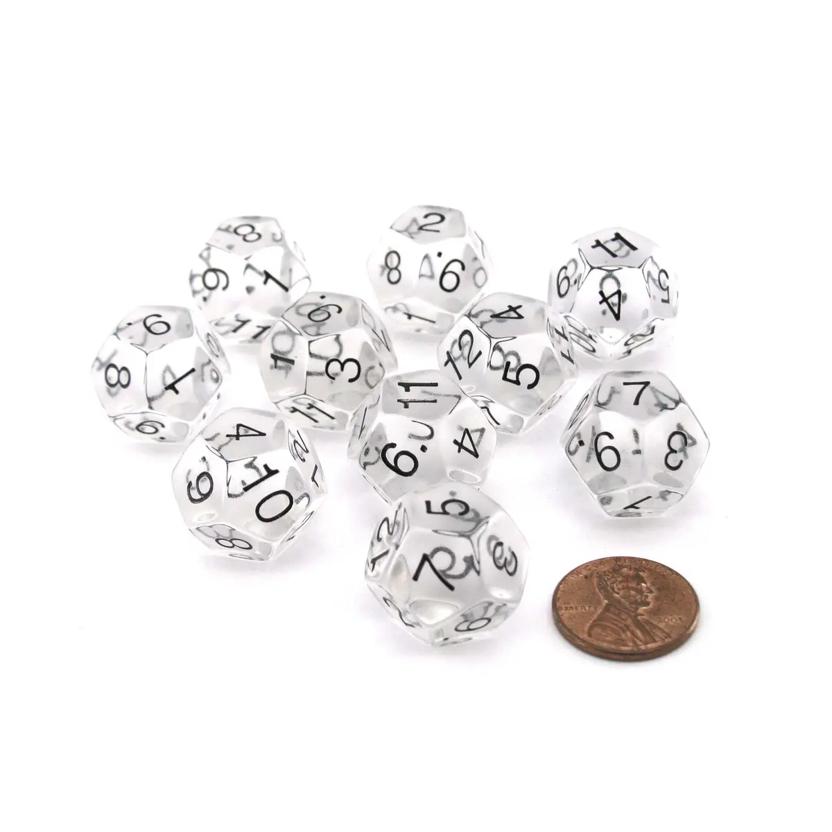 Pack of 10 Transparent 12 Sided D12 18mm Dice - Clear