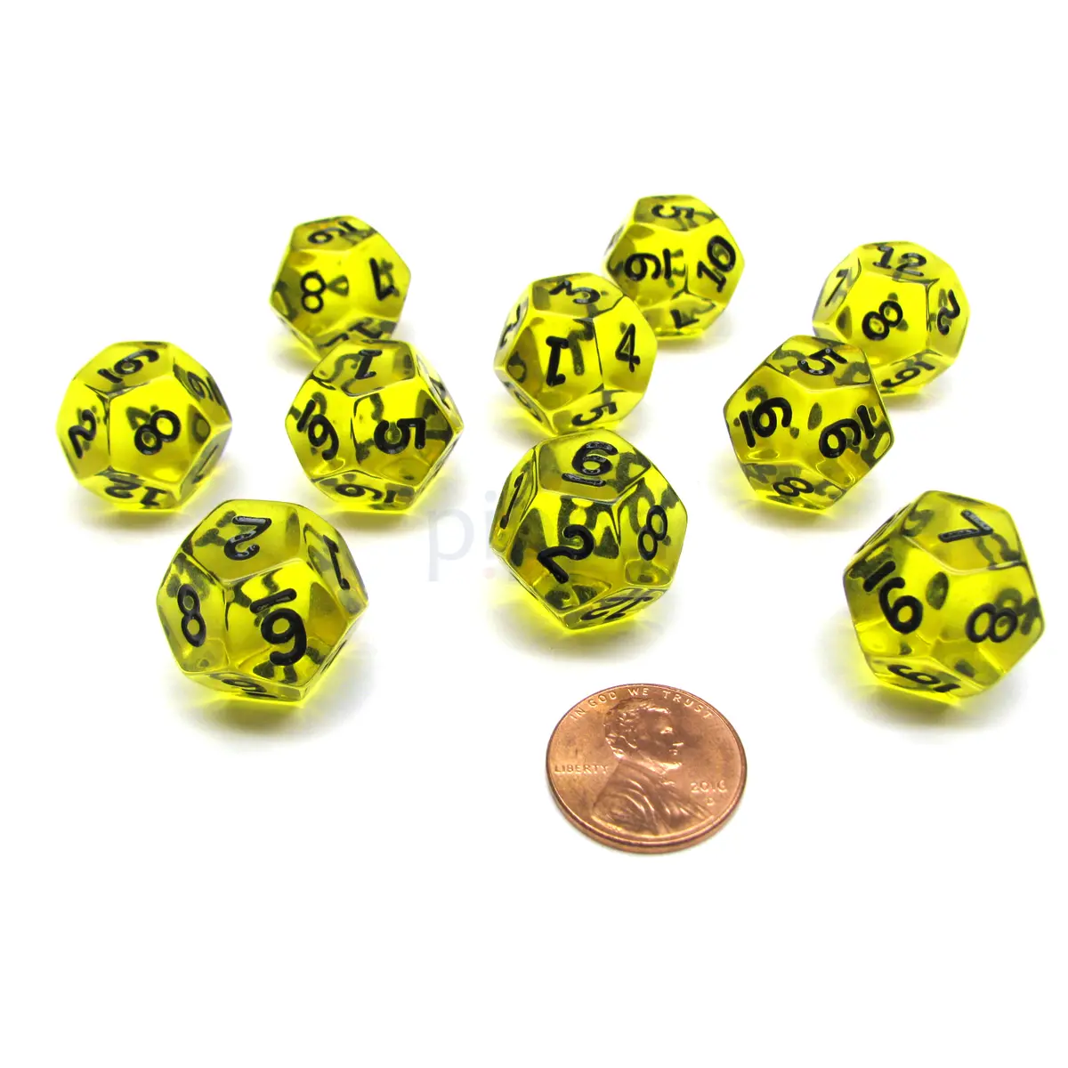Pack of 10 Transparent 12 Sided D12 18mm Dice - Yellow