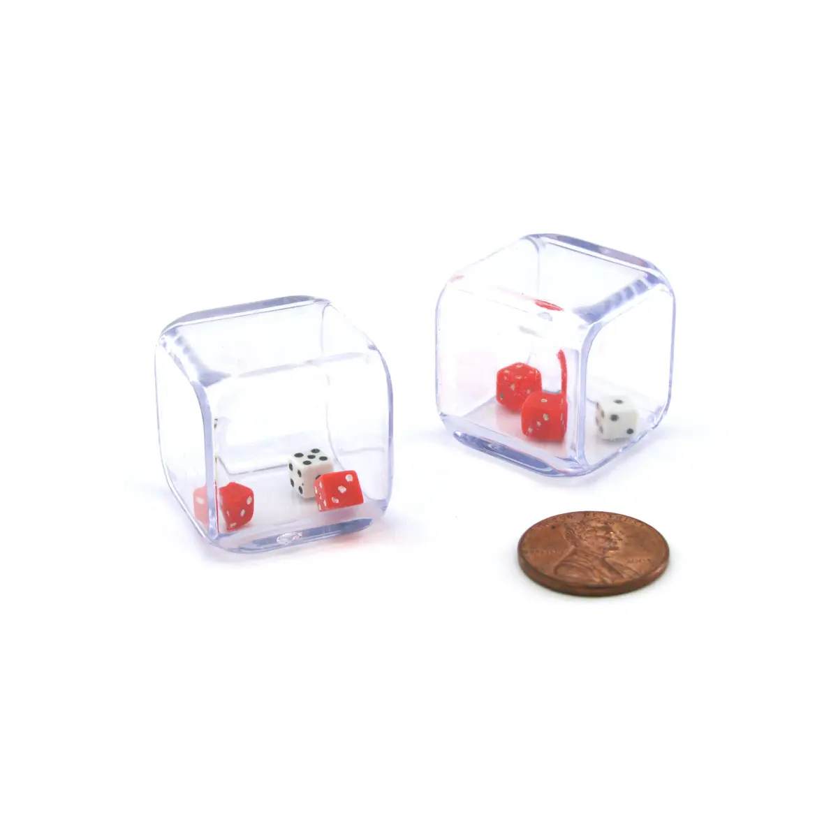 Pack of 2 '3 In a Cube' Dice - 2 x 5mm Red + 1 x 5mm White Dice Inside 25mm Cube