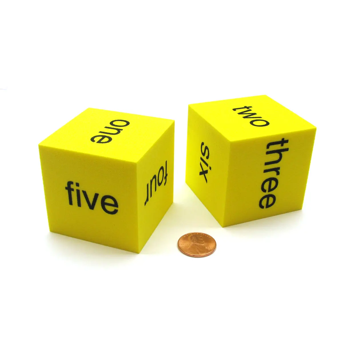 Pack of 2 50mm Large Foam Word Number (one to six) Dice Blocks-Yellow with Black