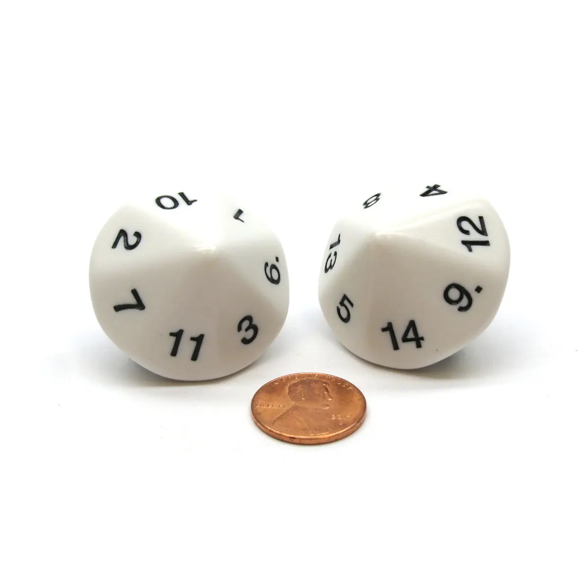 Pack of 2 D14 Dice Numbered 1 to 14 - White With Black Numbers