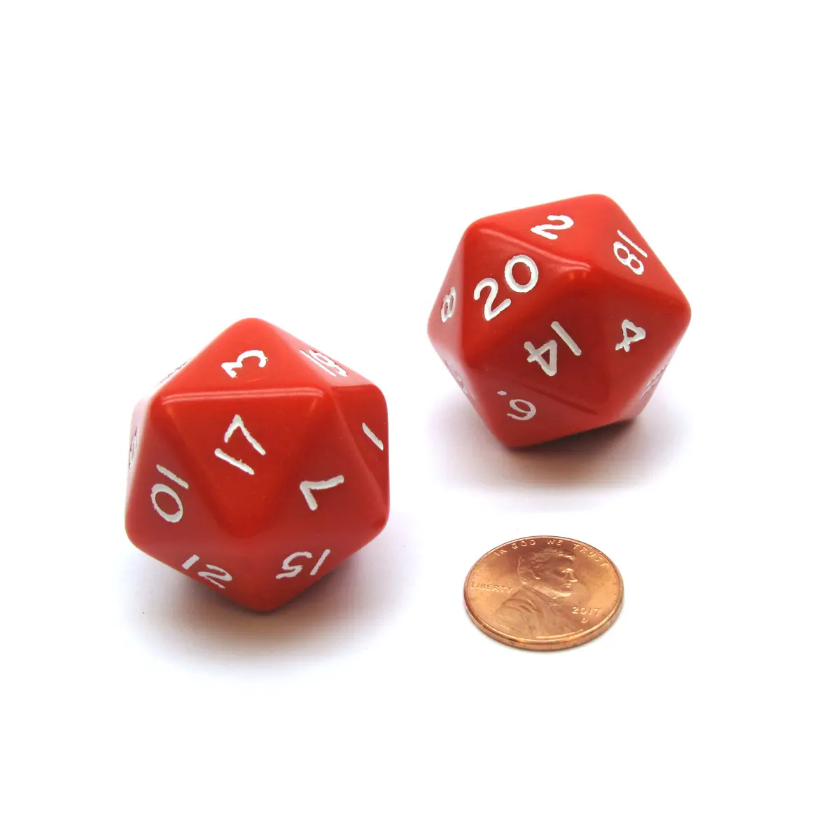 Pack of 2 D20 Opaque 29mm Jumbo Dice - Red with White Numbers