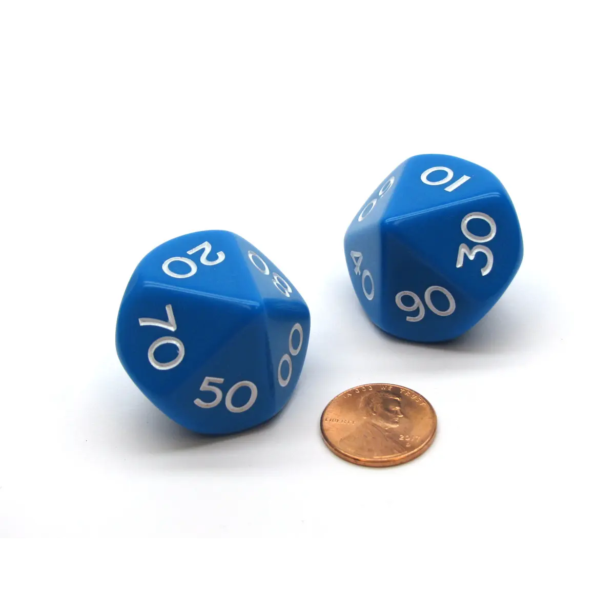 Pack of 2 Tens D10 Opaque Jumbo Dice - Blue with White Numbers