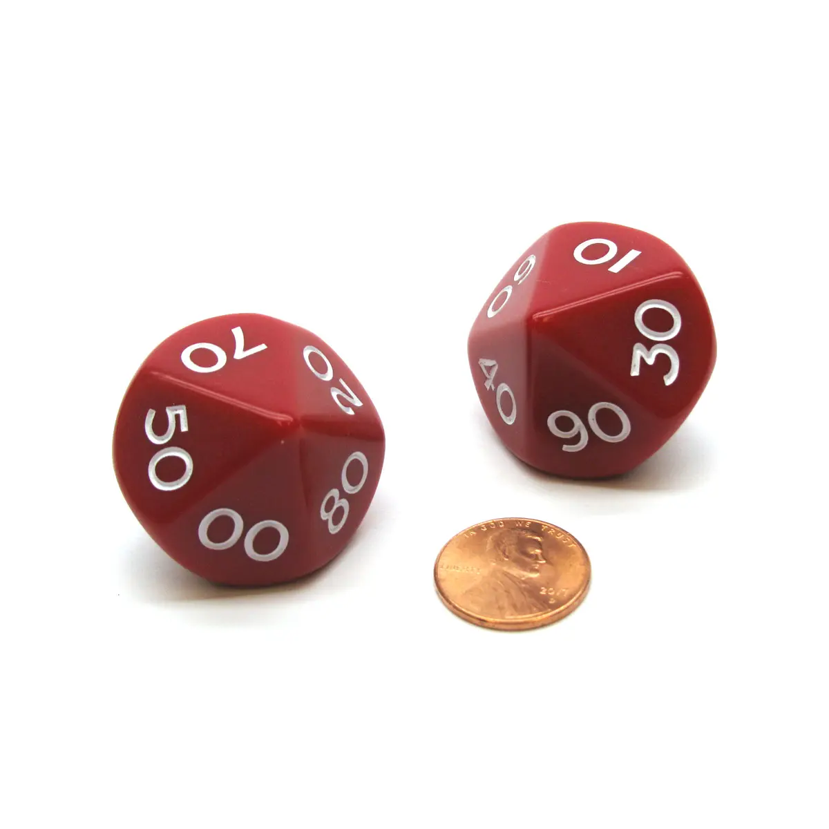 Pack of 2 Tens D10 Opaque Jumbo Dice - Red with White Numbers