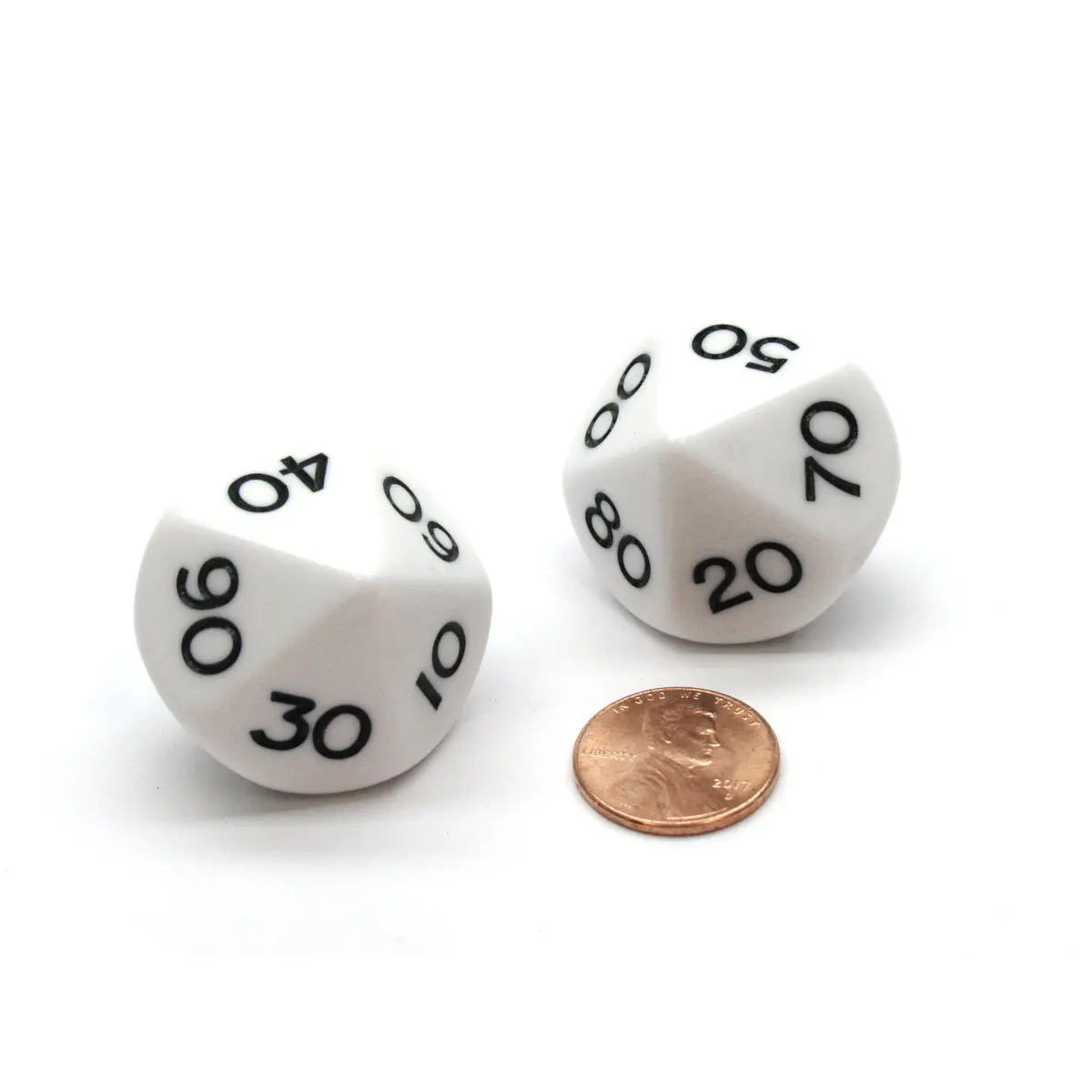 Pack of 2 Tens D10 Opaque Jumbo Dice - White with Black Numbers