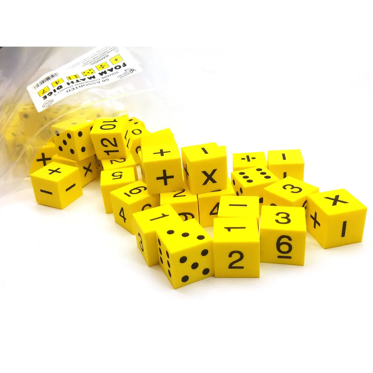Pack of 50 Yellow 1" 25mm Foam Math Dice - Assorted Function, Spots, and Numbers