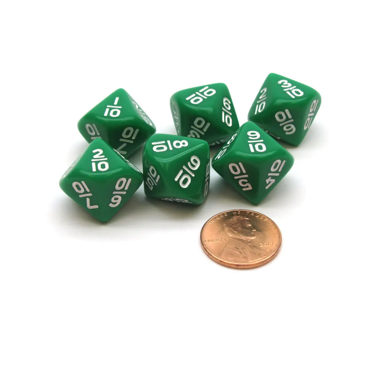 Pack of 6 10 Sided Fraction Math Dice: 1/10 to 10/10 - Green with White Numbers
