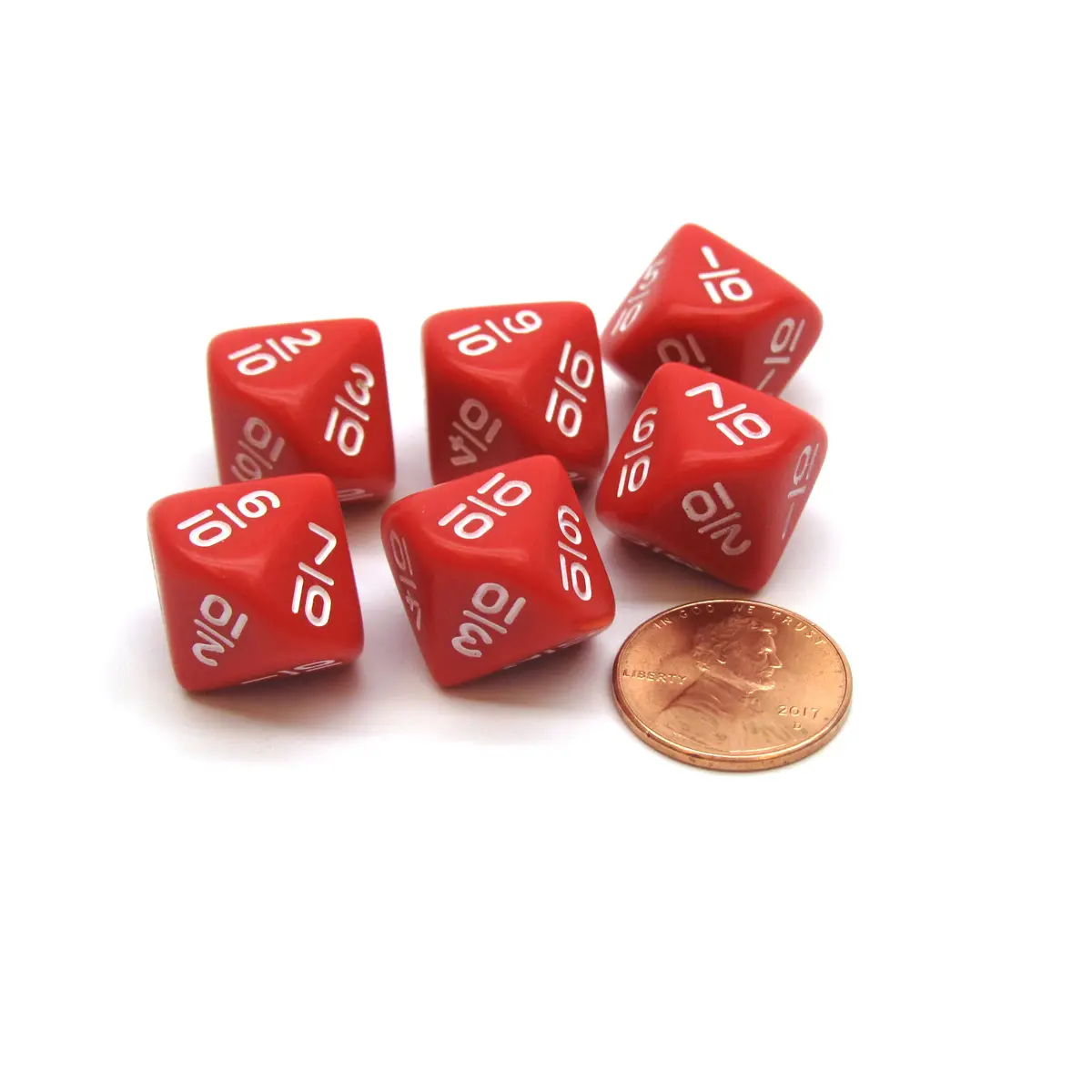Pack of 6 10 Sided Fraction Math Dice: 1/10 to 10/10 - Red with White Numbers