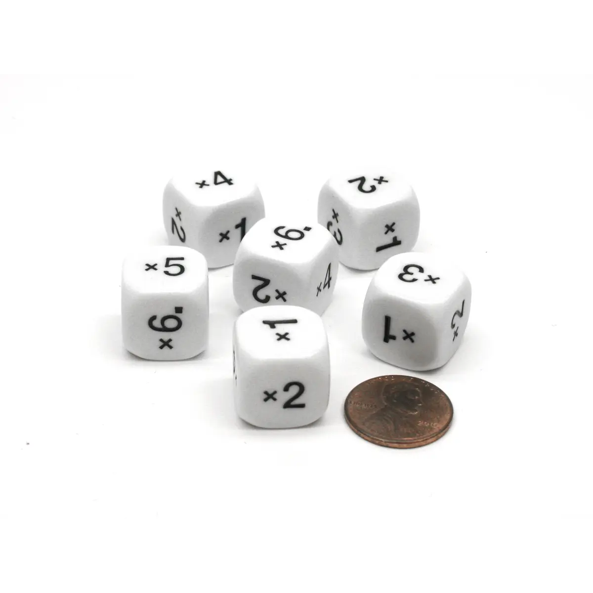Pack of 6 16mm Numbered Multiplication Dice (x1 to x6) - White with Black