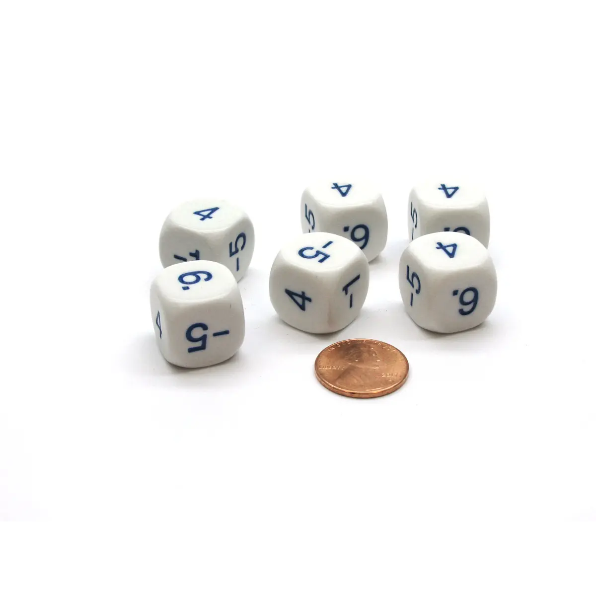 Pack of 6 16mm Round Opaque Negative Odd Numbers Dice - White with Blue Numbers