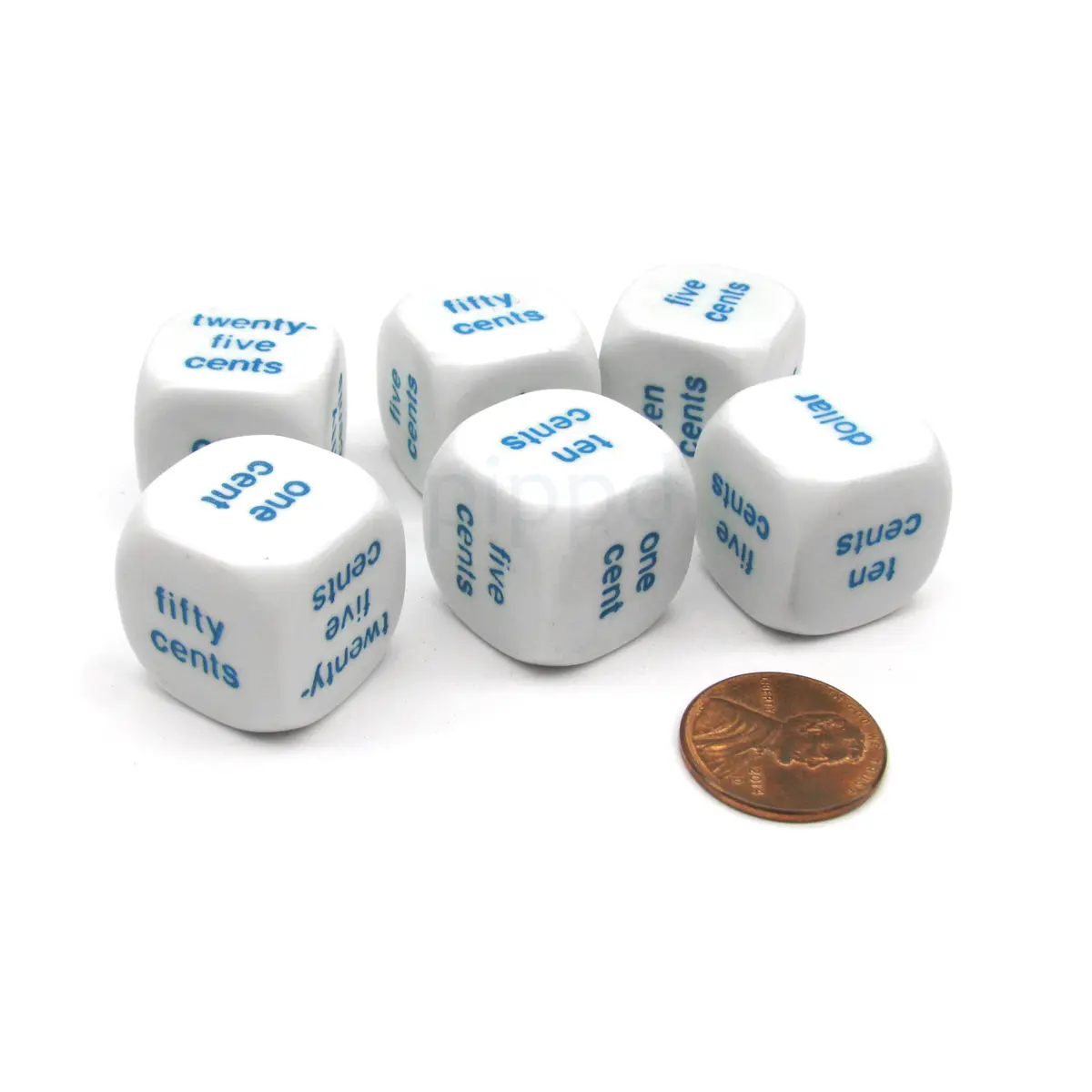 Pack of 6 20mm Educational Math Money English Word Dice - White with Blue Words