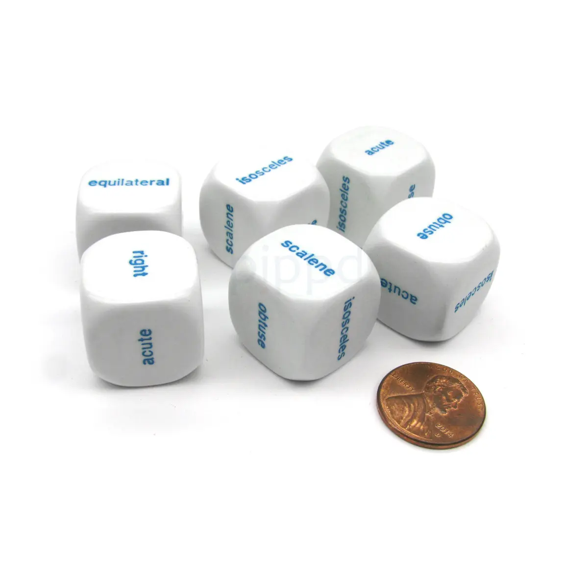 Pack of 6 20mm Educational Triangles Words Dice - White with Blue Words