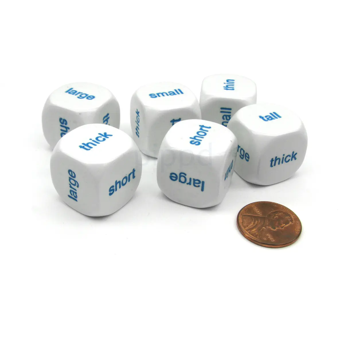 Pack of 6 20mm English Comparison Dice - Large Small Tall Short Thick Thin