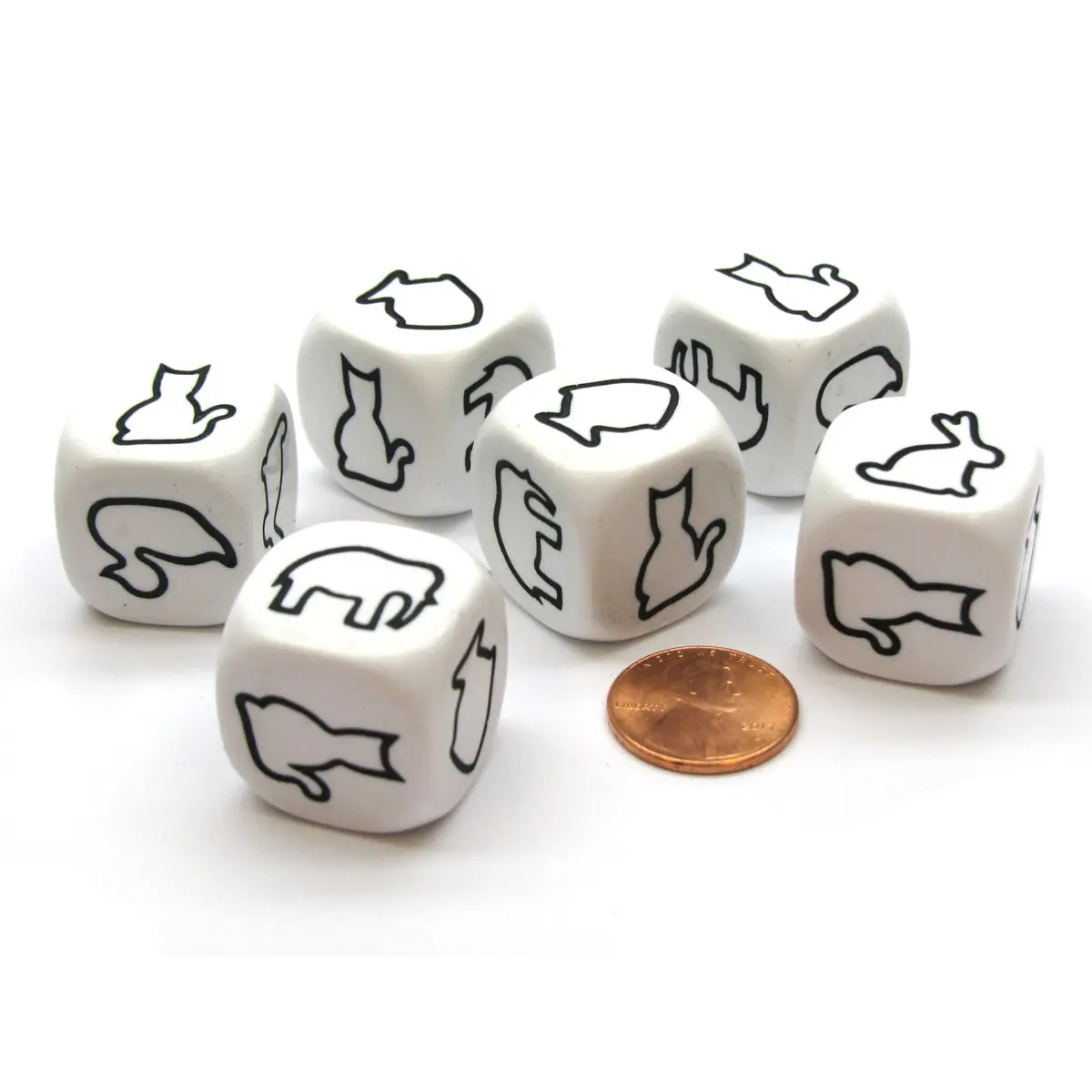 Pack of 6 22mm Animal Attribute Dice - Duck, Fish, Elephant, Rabbit, Horse, Cat