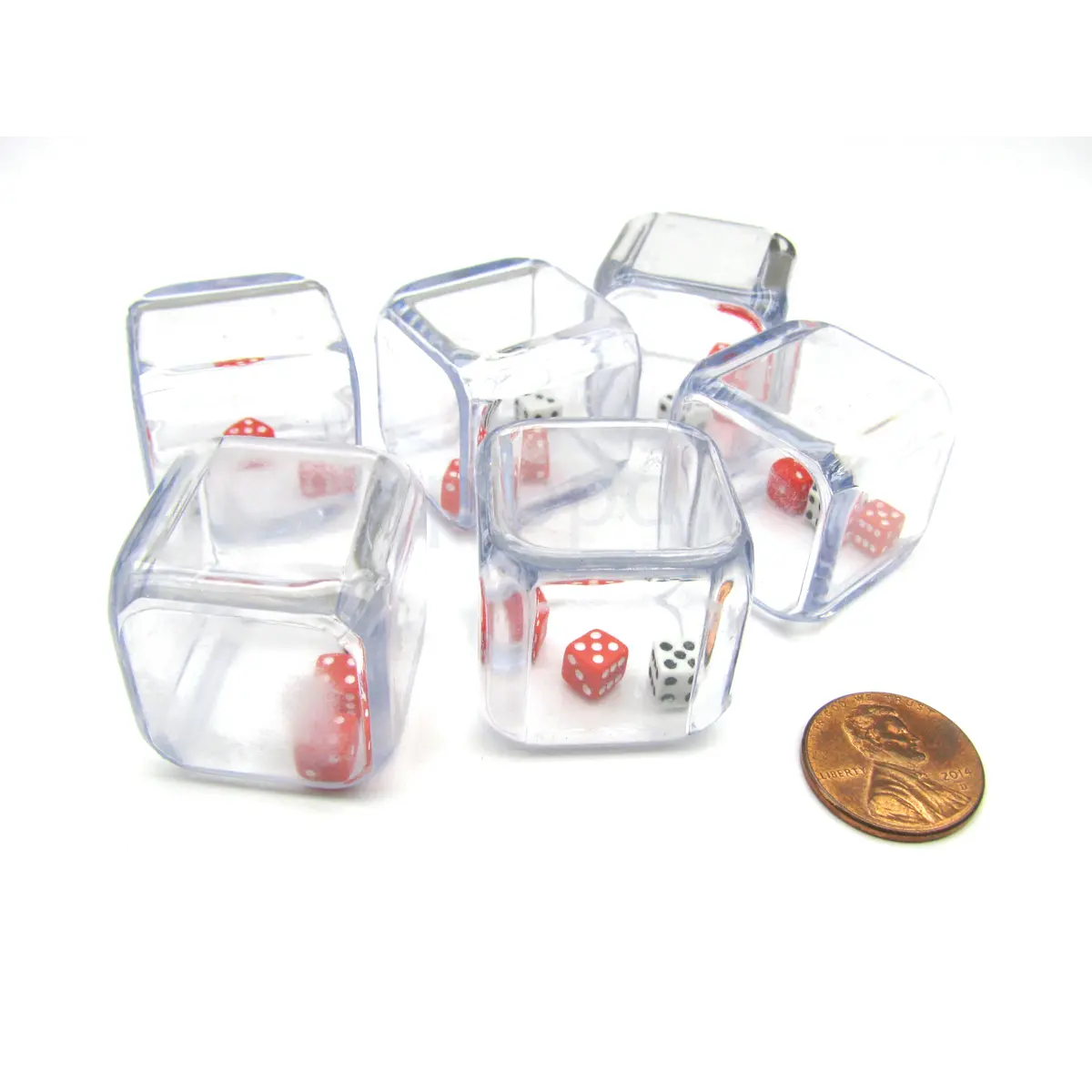 Pack of 6 '3 In a Cube' Dice - 2 x 5mm Red + 1 x 5mm White Dice Inside 25mm Cube