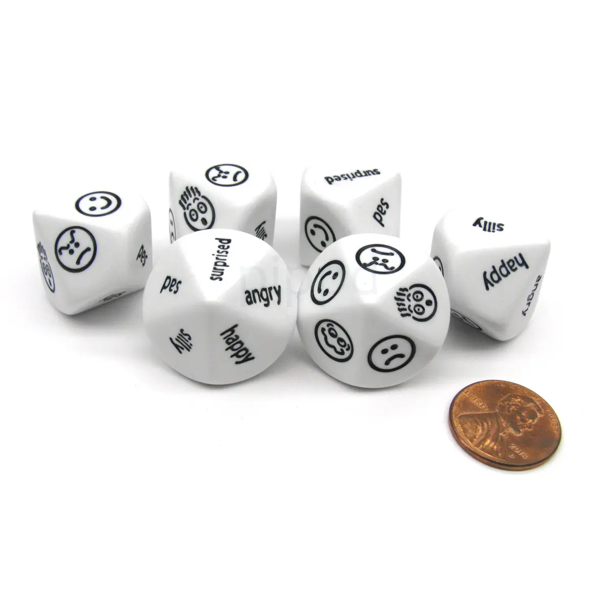 Pack of 6 D10 Expressions Dice - Angry Surprised Sad Silly Happy Faces and Words