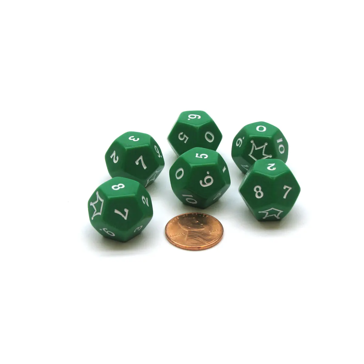 Pack of 6 D12 'Jester' Dice - Green with White Numbers