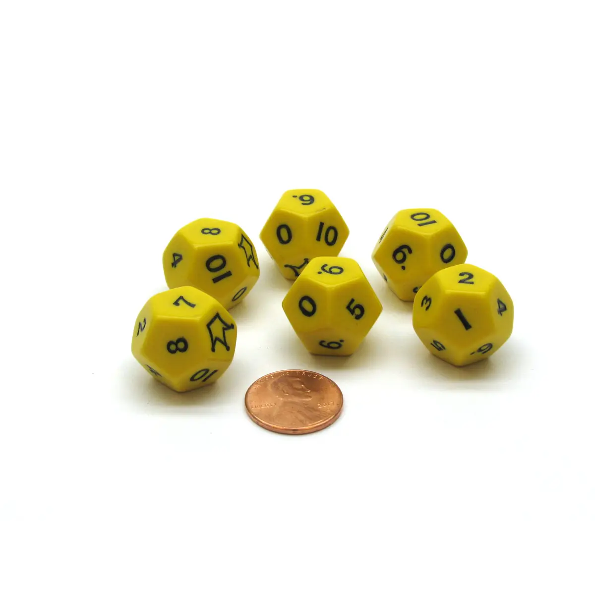 Pack of 6 D12 'Jester' Dice - Yellow with Black Numbers