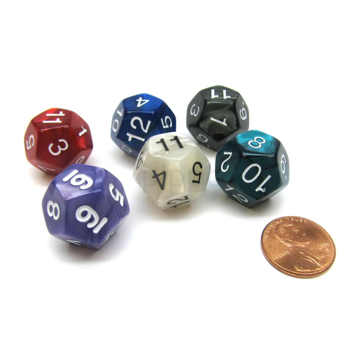 Pack of 6 D12 Pearl Dice - Charcoal, Emerald, Gray, Navy, Purple, Red