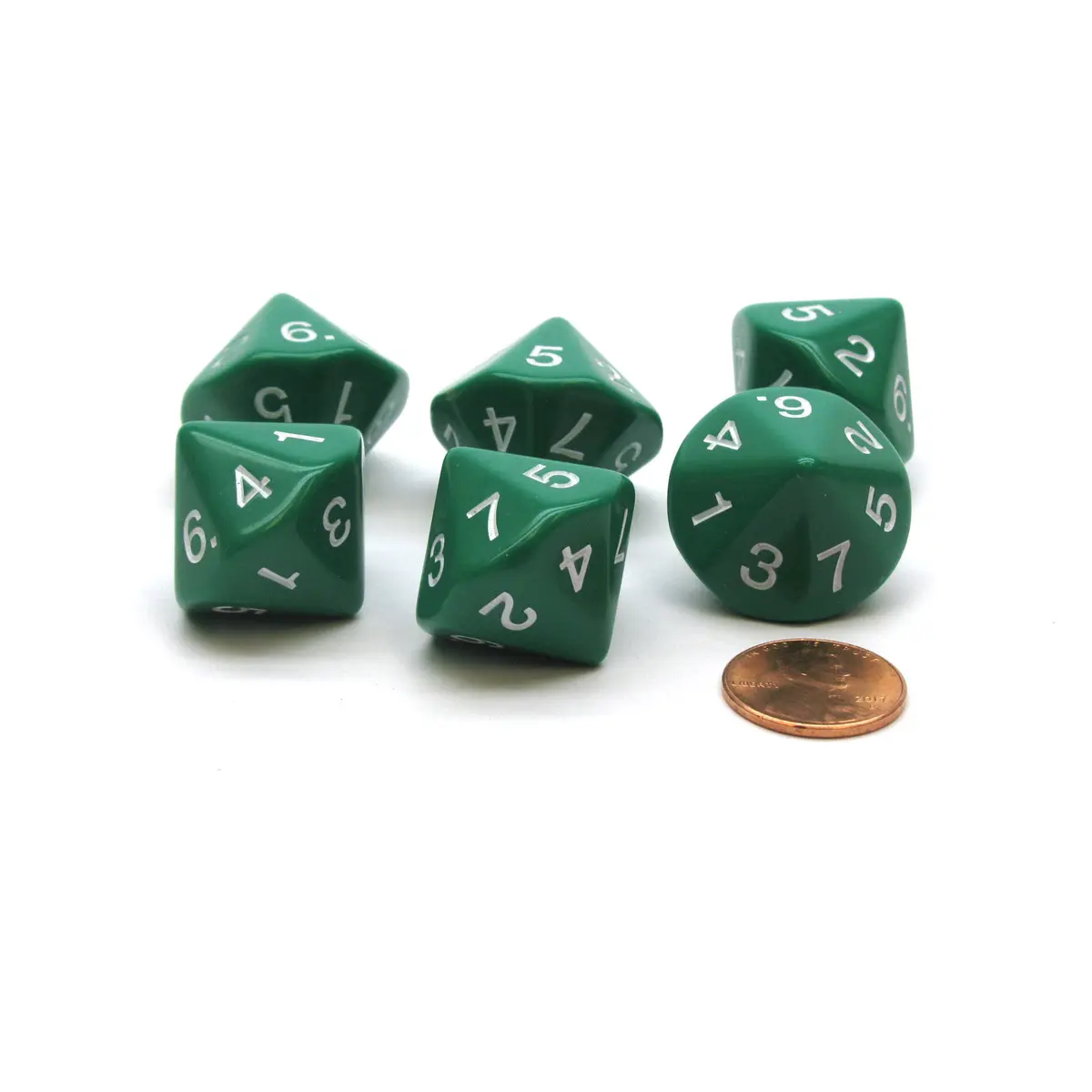 Pack of 6 D7 14-Sided 20mm Numbered 1 to 7 Twice Dice - Green with White