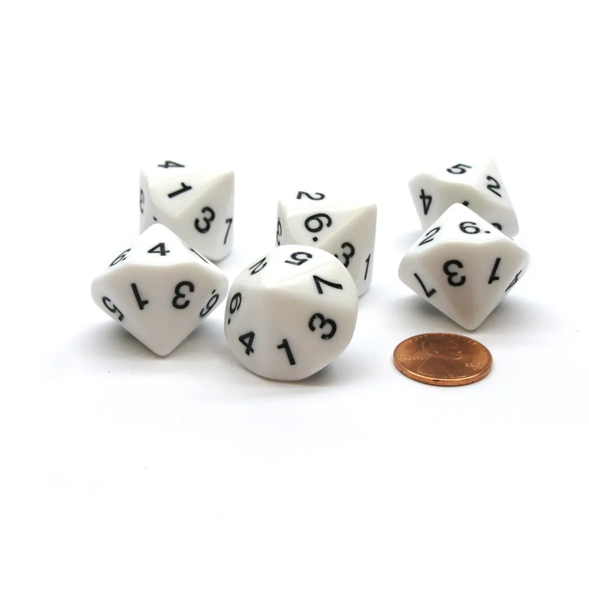 Pack of 6 D7 14-Sided 20mm Numbered 1 to 7 Twice Dice - White with Black