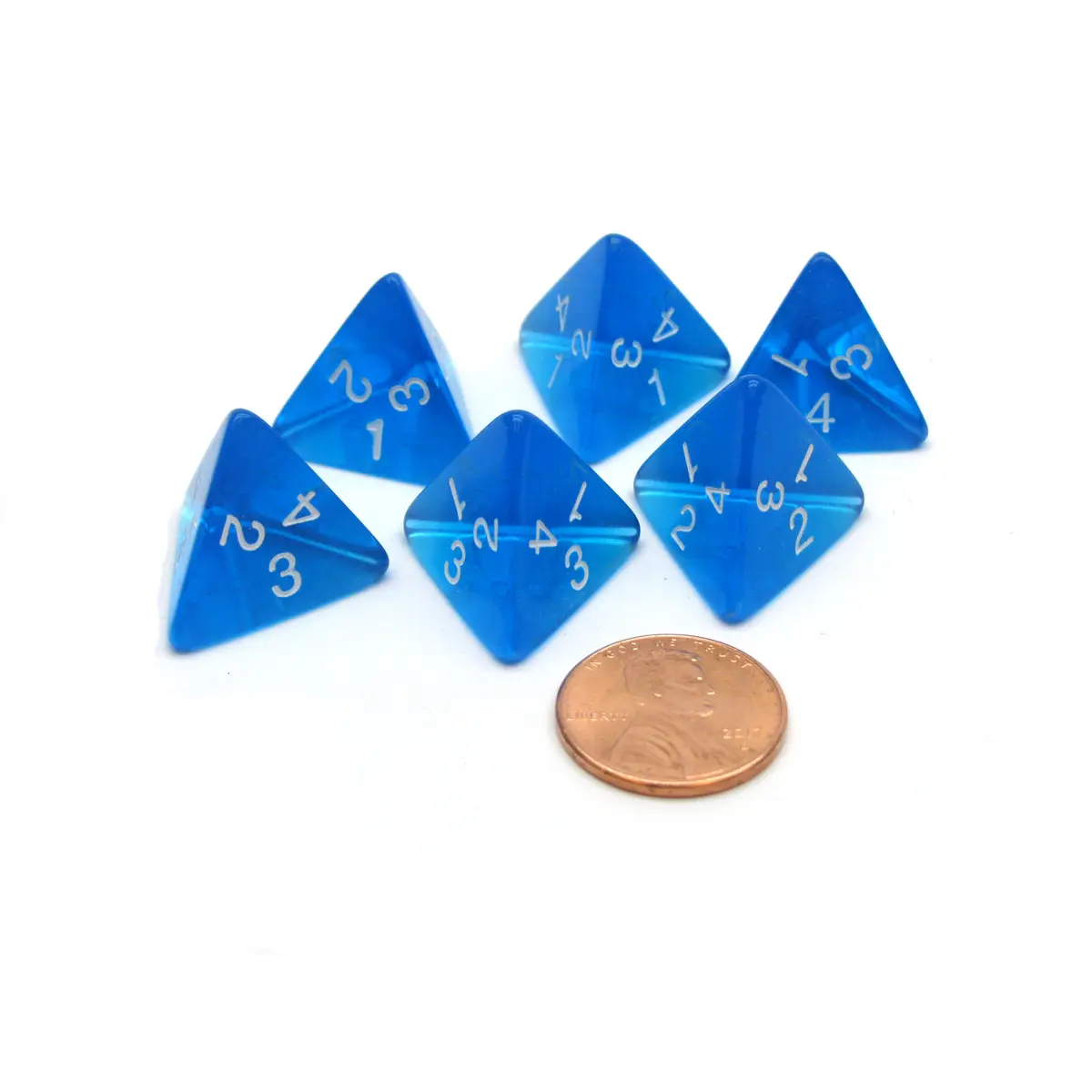 Pack of 6 D4 Transparent Dice - Blue with White Numbers