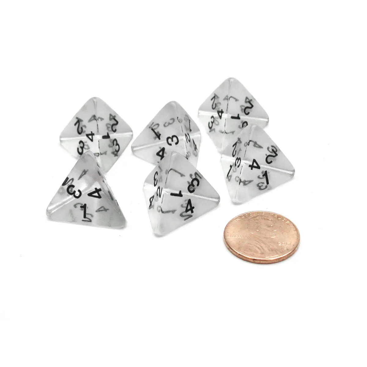 Pack of 6 D4 Transparent Dice - Clear with Black Numbers
