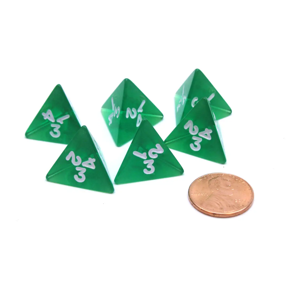 Pack of 6 D4 Transparent Dice - Green with White Numbers