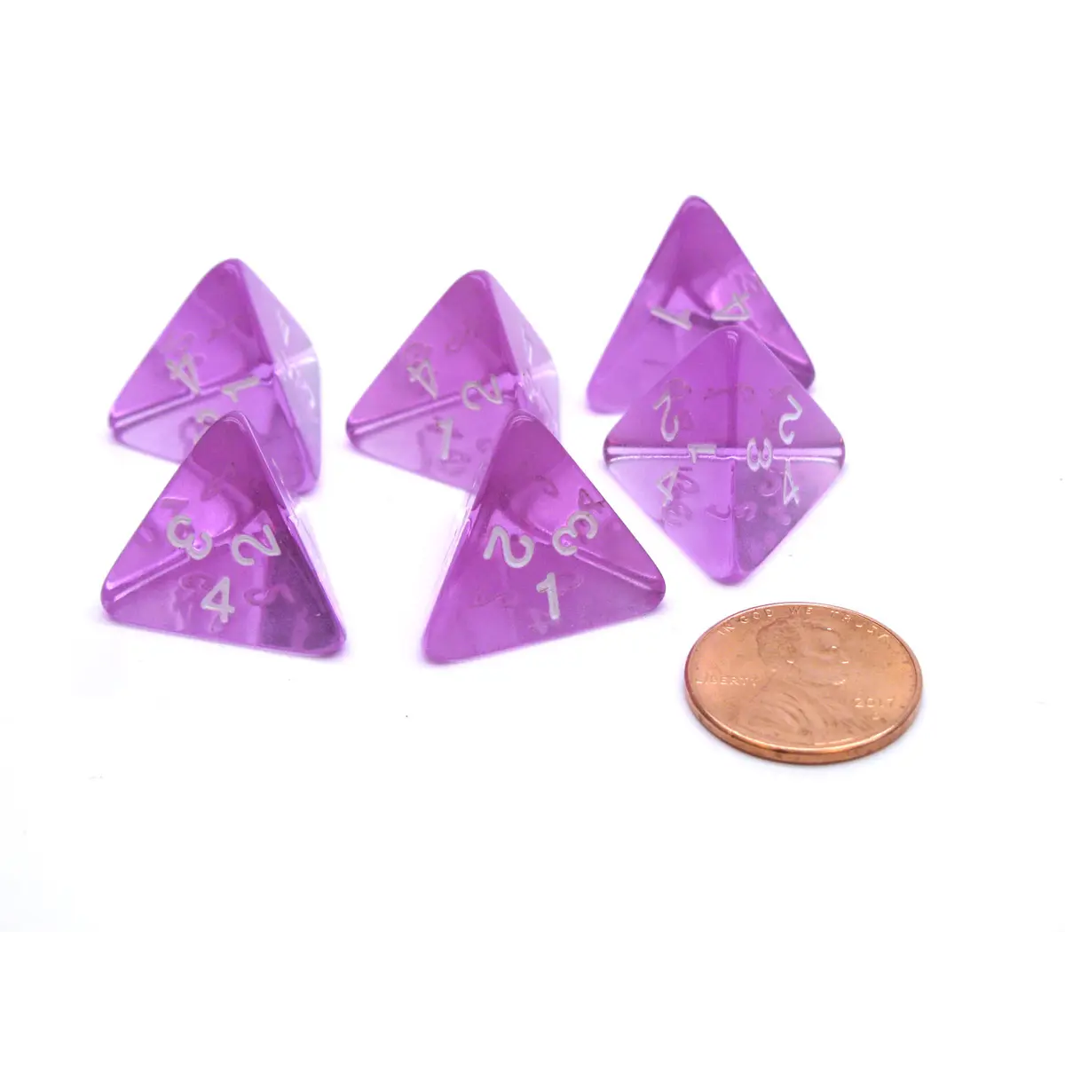 Pack of 6 D4 Transparent Dice - Purple with White Numbers