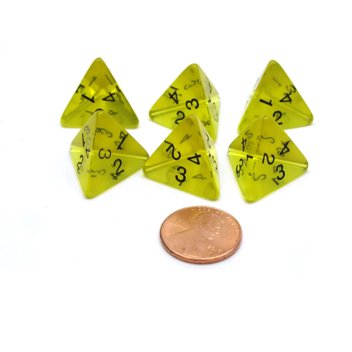 Pack of 6 D4 Transparent Dice - Yellow with Black Numbers
