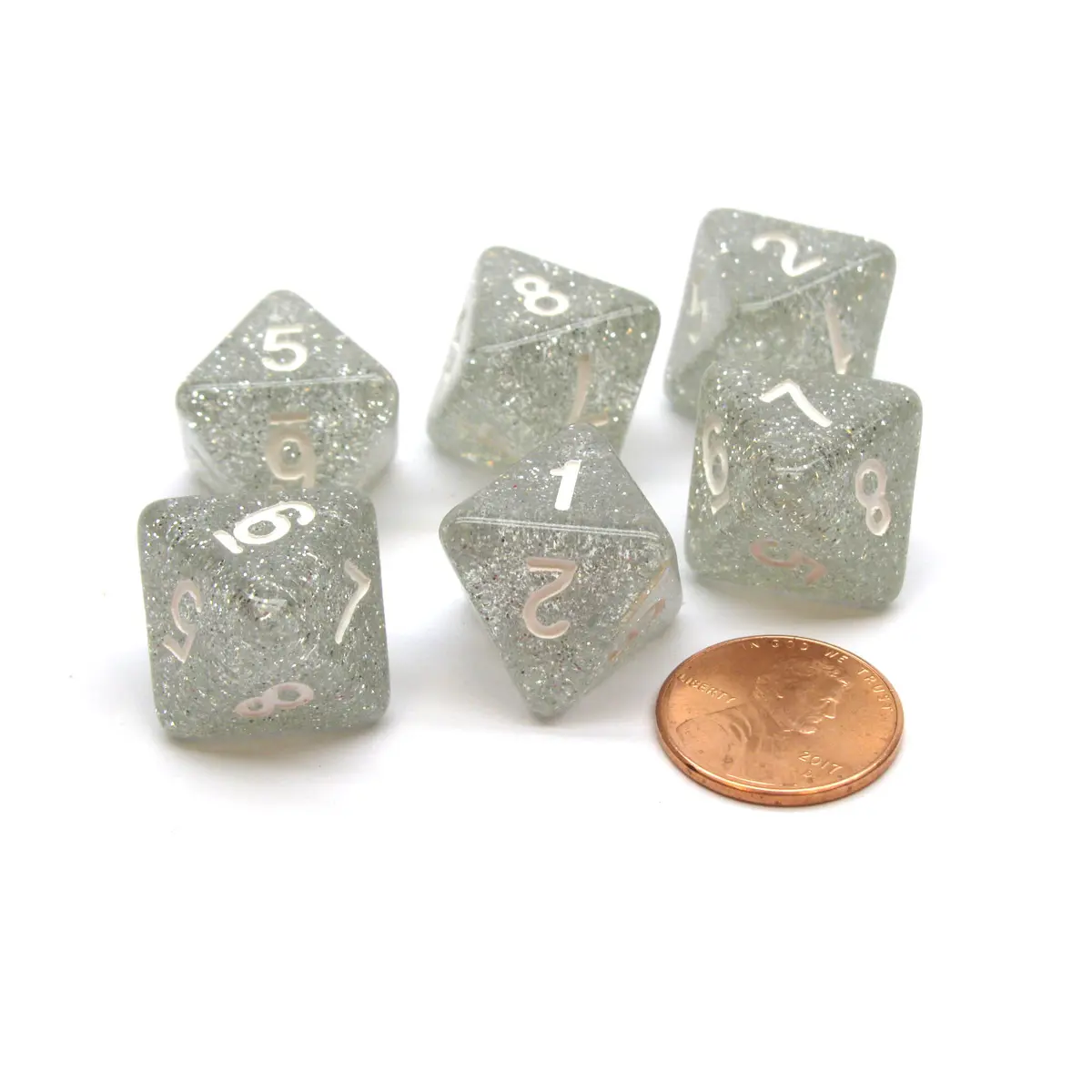 Pack of 6 D8 8-Sided Glitter Dice - Clear with White Numbers