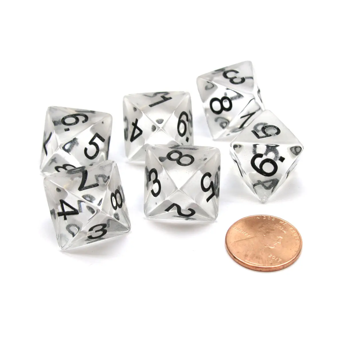 Pack of 6 D8 Transparent 8-Sided Dice - Clear with Black Numbers