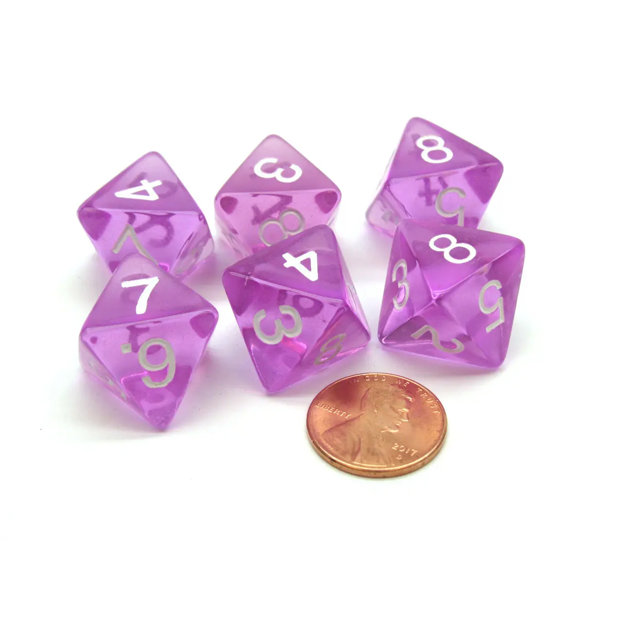 Pack of 6 D8 Transparent 8-Sided Dice - Purple with White Numbers