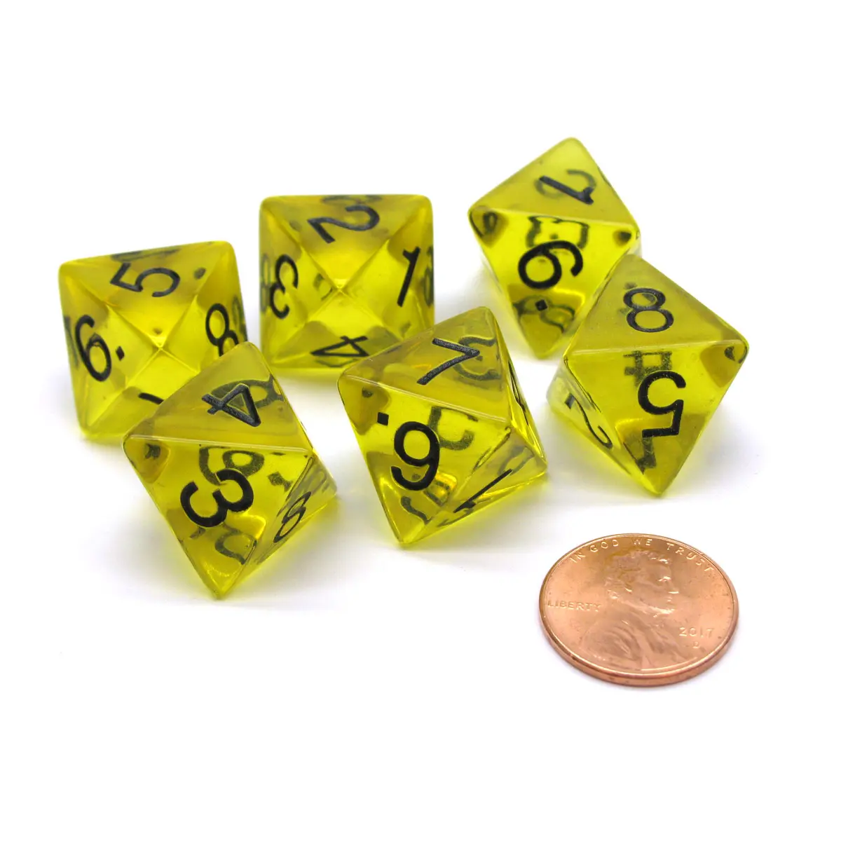 Pack of 6 D8 Transparent 8-Sided Dice - Yellow with Black Numbers