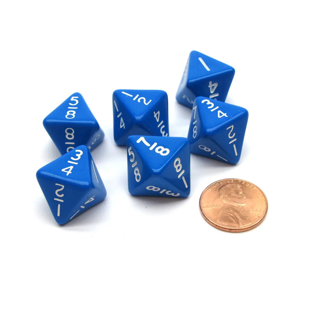 Pack of 6 Math Dice 8-Sided Fraction: 1/8 to 1 - Blue with White