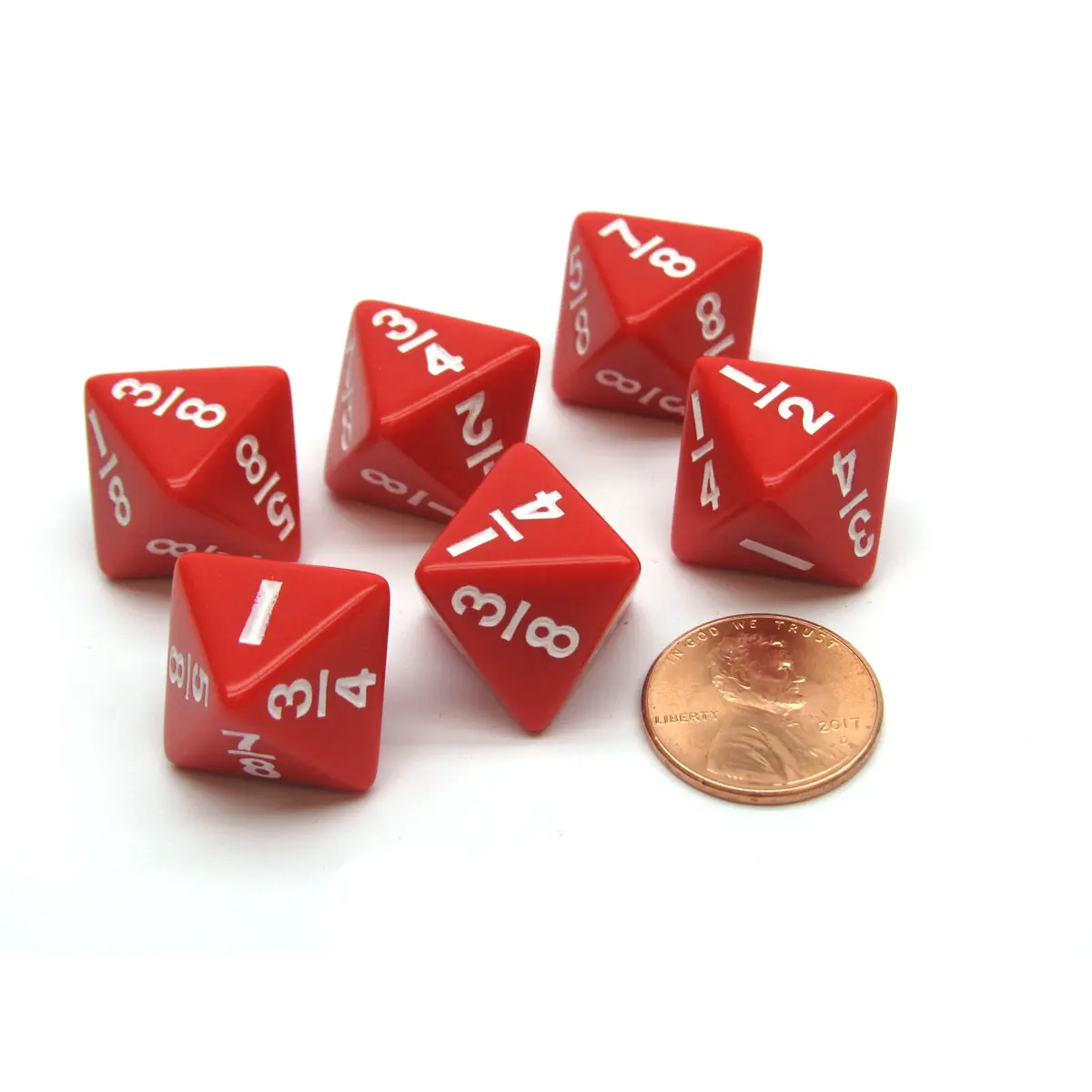 Pack of 6 Math Dice 8-Sided Fraction: 1/8 to 1 - Red with White