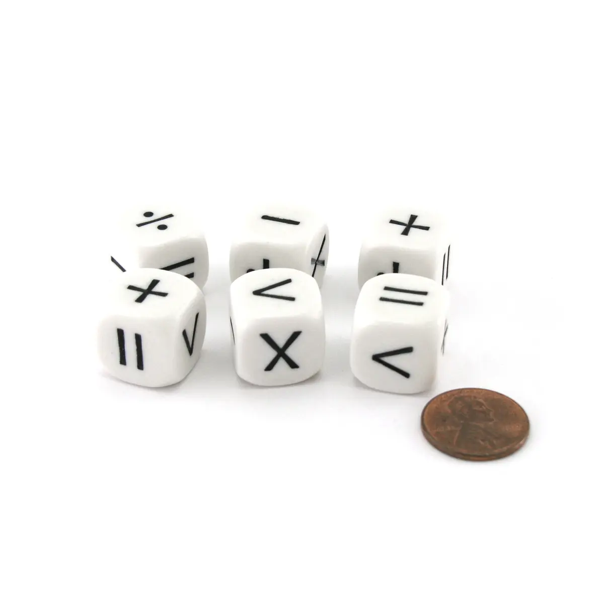 Pack of 6 Math Operator 6 Function (+,-,X,/,>,=) 16mm Dice - White with Black