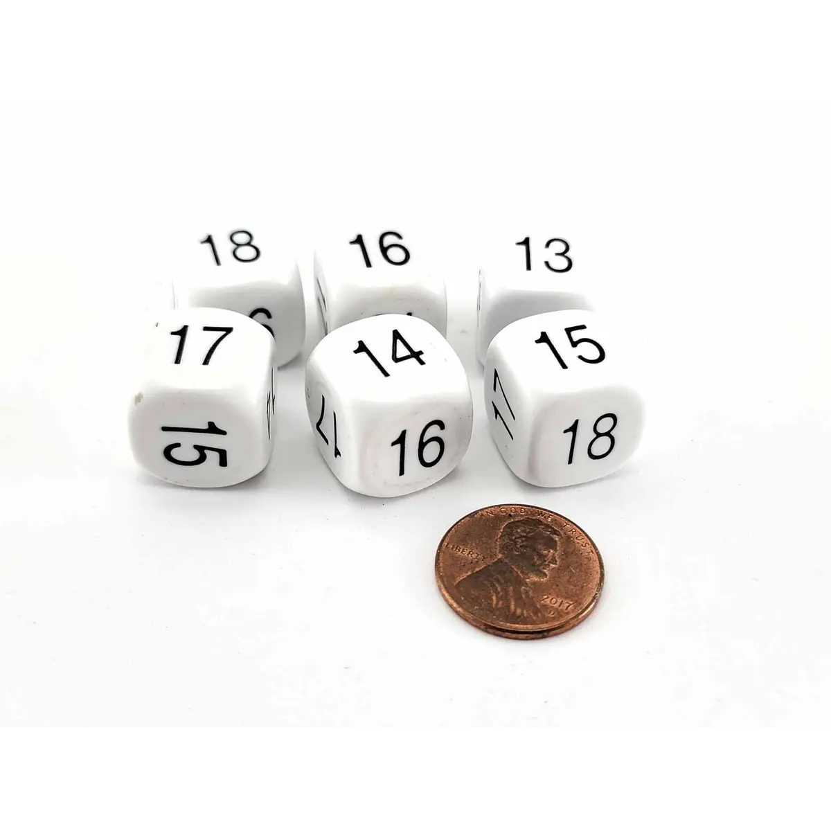 Pack of 6 Opaque Math Number (13-18) 16mm Dice - White with Black Normal Font