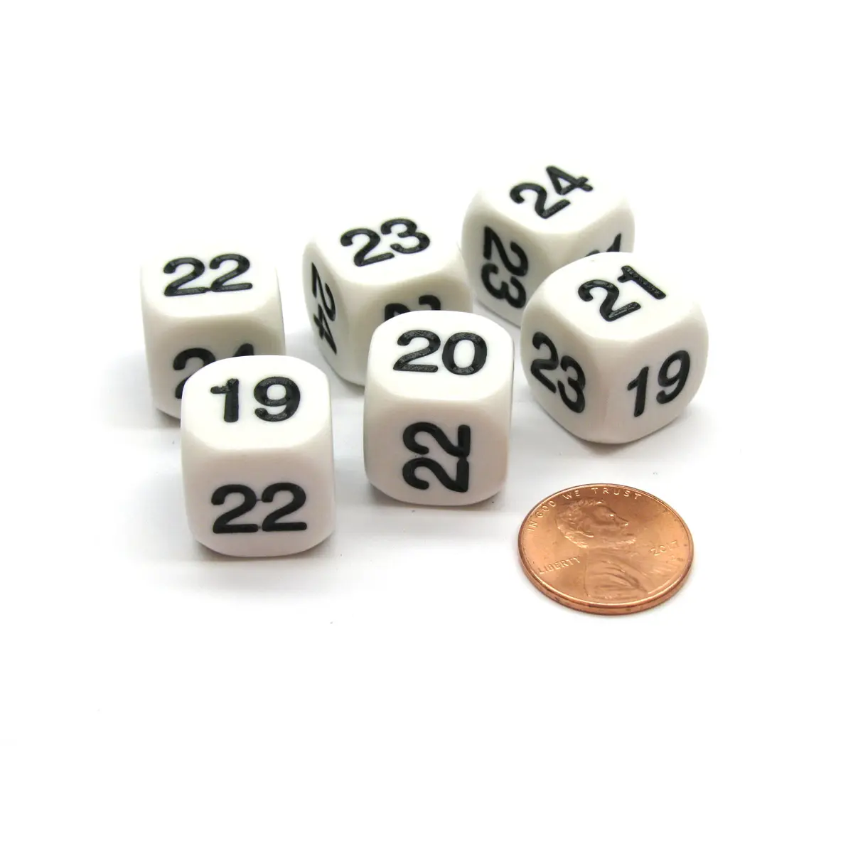 Pack of 6 Opaque Math Number (Numbered 19-24) 16mm Dice - White with Black