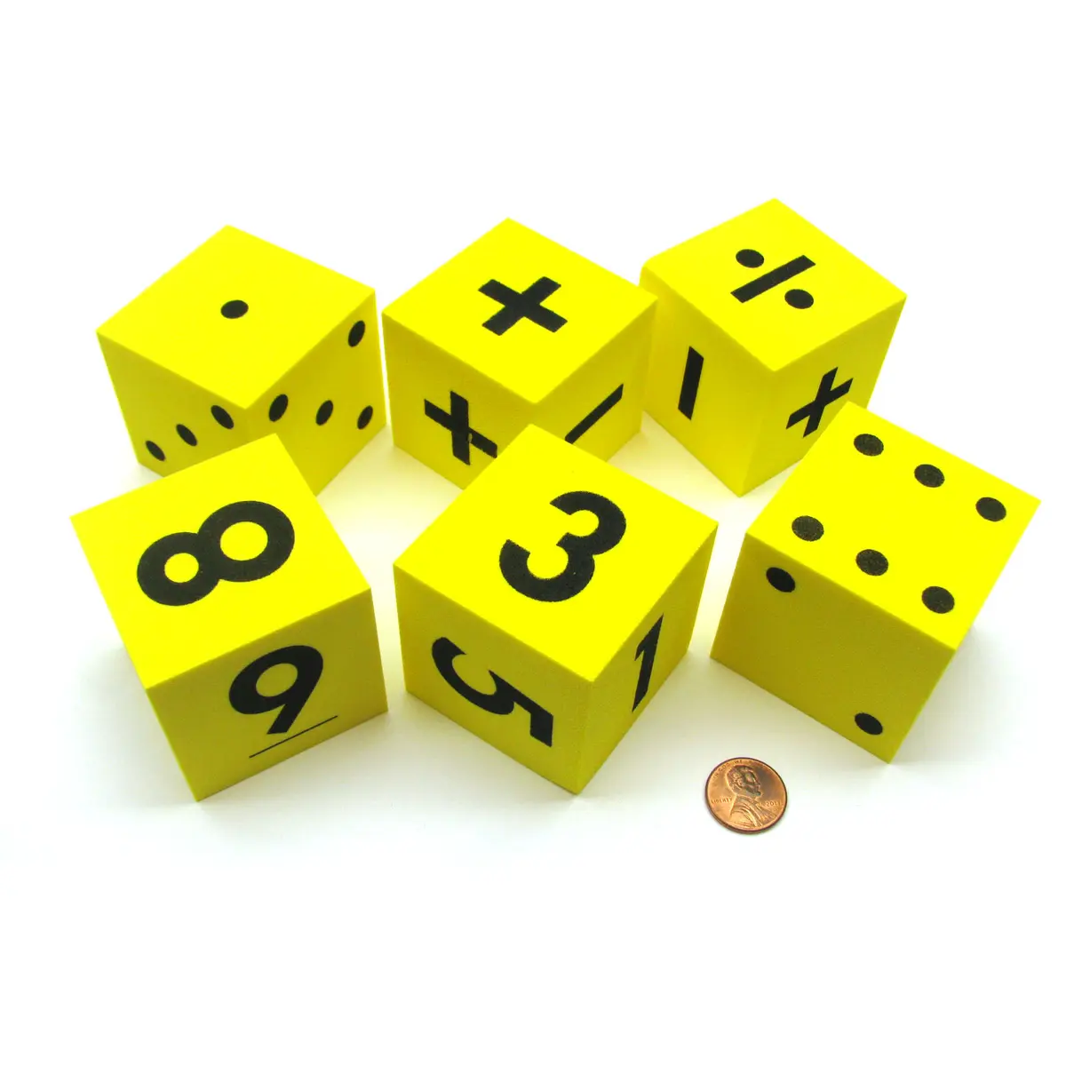 Pack of 6 Yellow 50mm Foam Math Dice - Assorted Function, Spotted, and Numbered