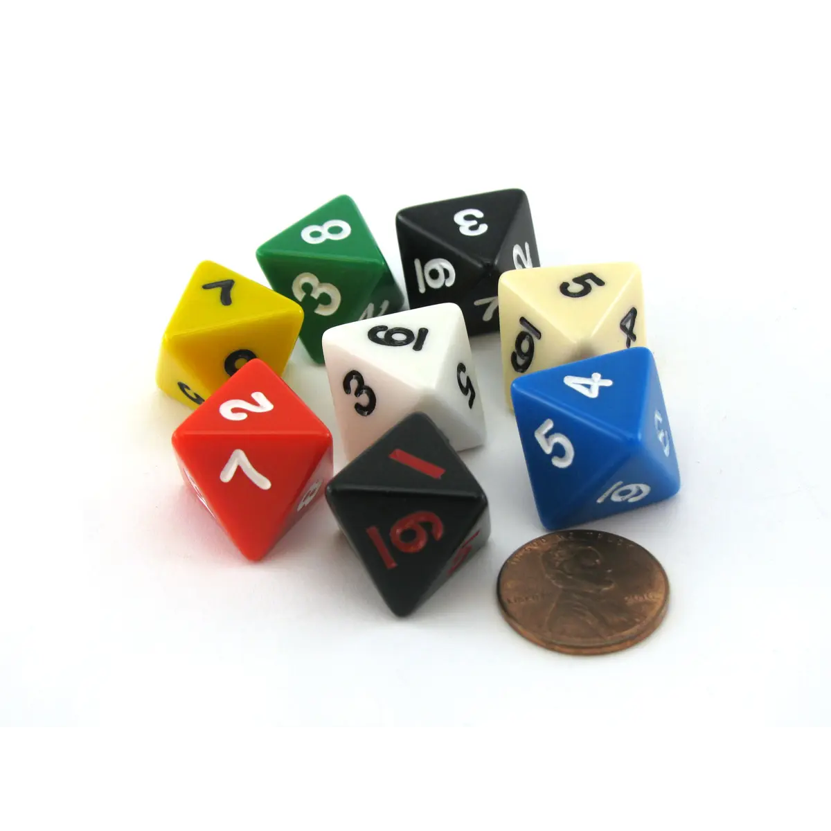 Pack of 8 D8 15mm Opaque Dice- Black (2), Blue, Green, Red, White, Yellow, Ivory
