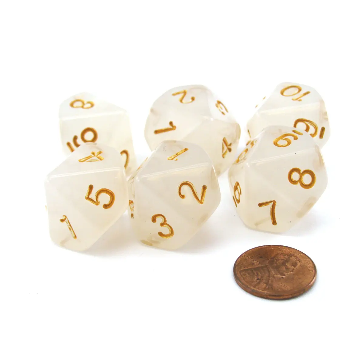 Pack of D10 Countdown 20mm Transparent Dice (1 to 10) - Pearl with Gold Numbers