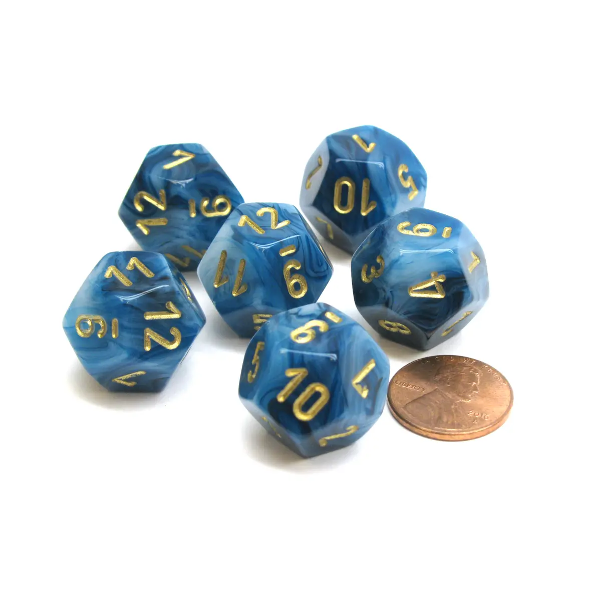 Phantom 18mm 12 Sided D12 Chessex Dice, 6 Pieces - Teal with Gold