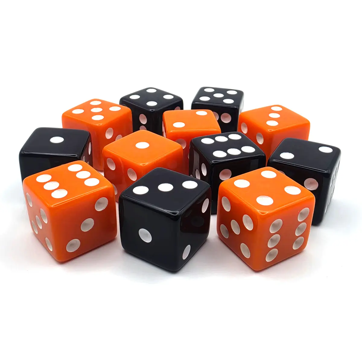 PipFlip 19mm Opaque 6-Sided D6 Dice with Pips, 12-Pack (Black, Orange)