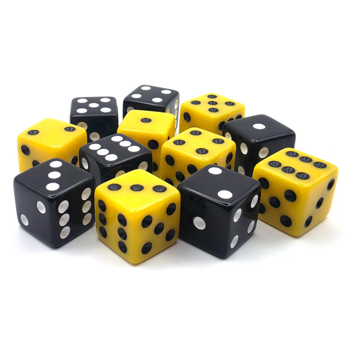 PipFlip 19mm Opaque 6-Sided D6 Dice with Pips, 12-Pack (Black, Yellow)