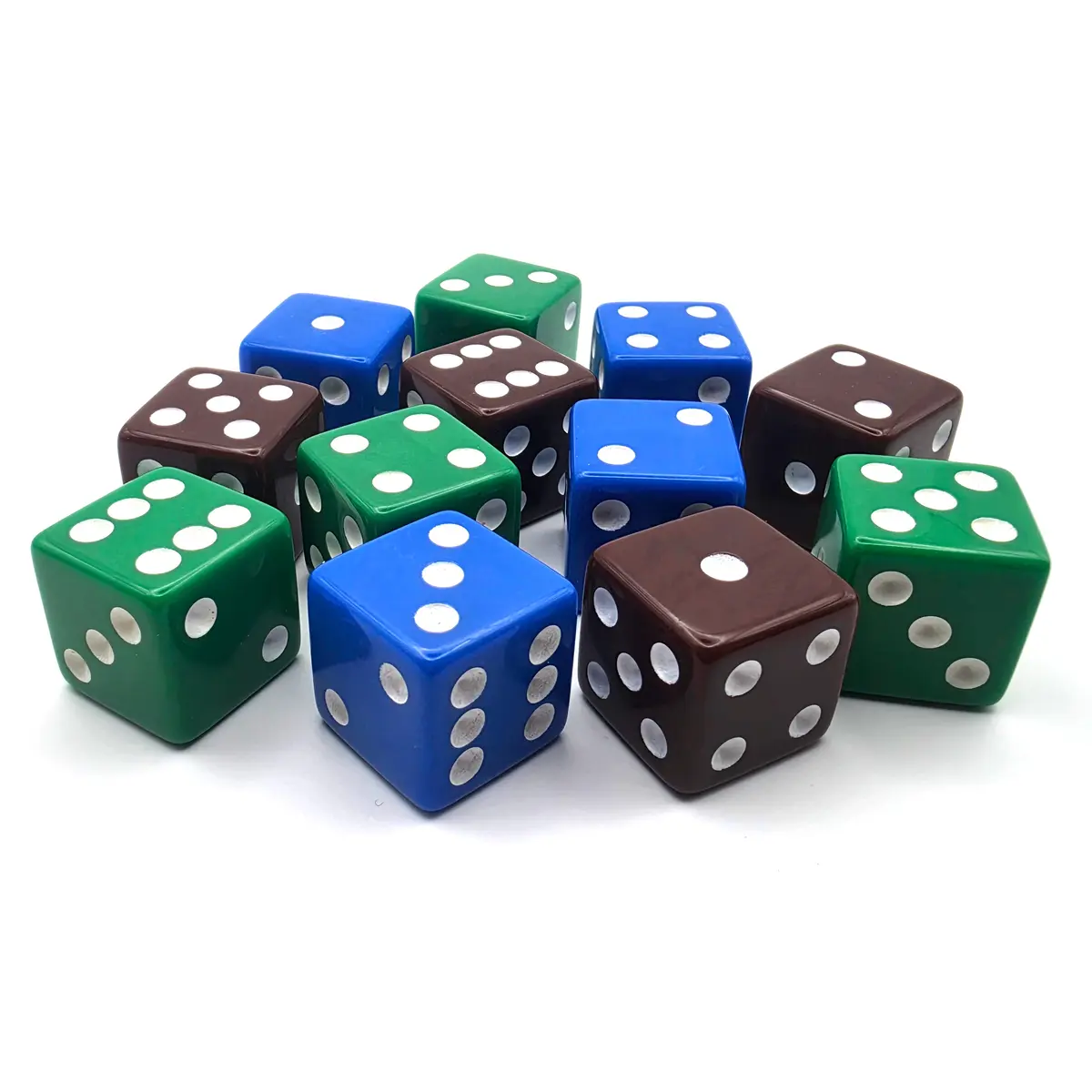 PipFlip 19mm Opaque 6-Sided D6 Dice with Pips, 12-Pack (Blue, Brown, Green)