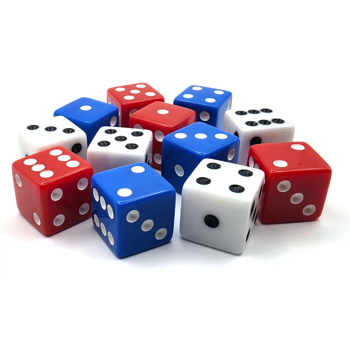 PipFlip 19mm Opaque 6-Sided D6 Dice with Pips, 12-Pack (Blue, Red, White)