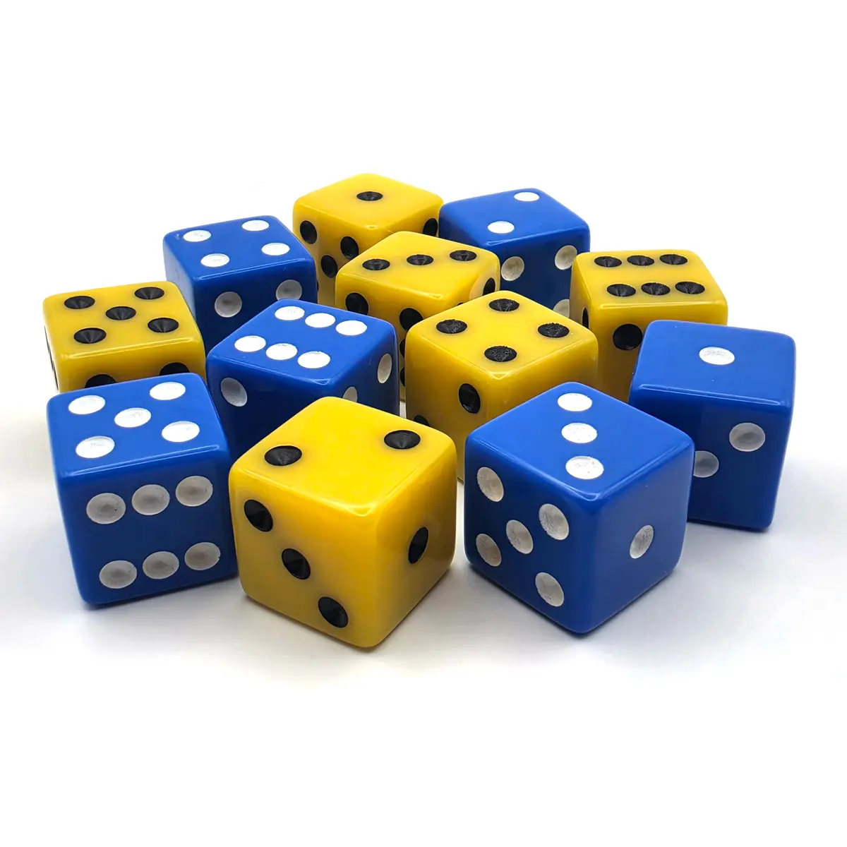 PipFlip 19mm Opaque 6-Sided D6 Dice with Pips, 12-Pack (Blue, Yellow)