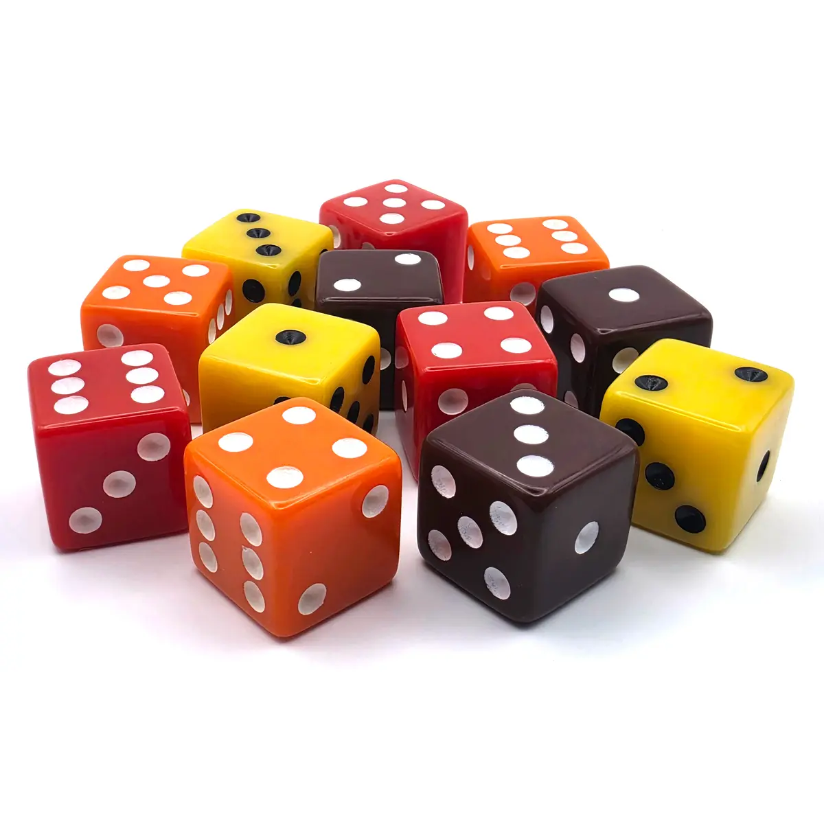 PipFlip 19mm Opaque 6-Sided D6 Dice with Pips, 12-Pack (Brown, Orange, Red, Yellow)