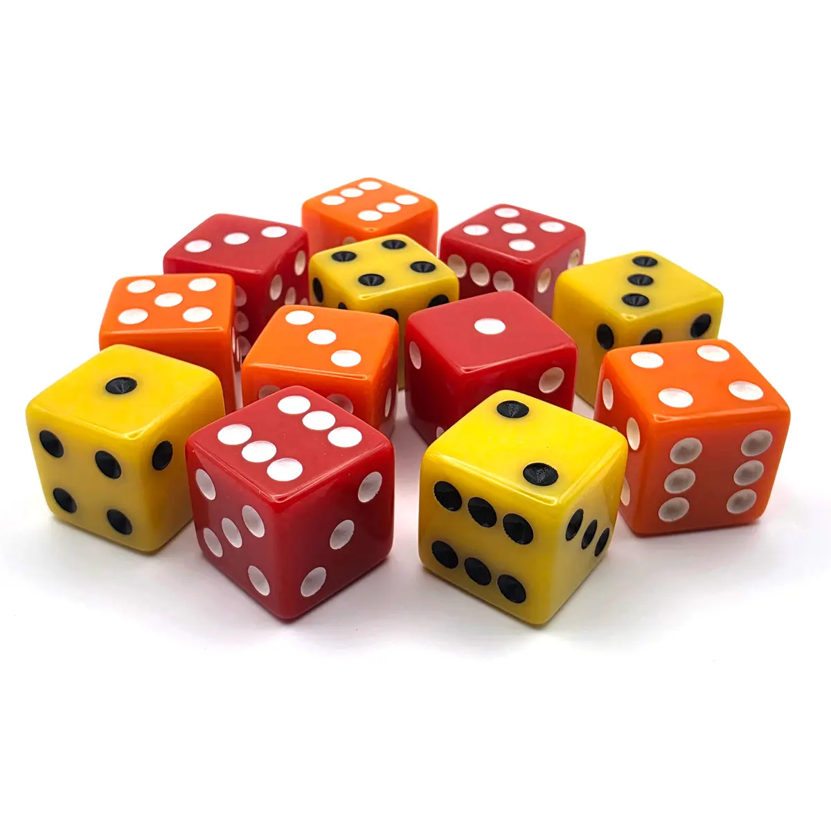 PipFlip 19mm Opaque 6-Sided D6 Dice with Pips, 12-Pack (Orange, Red, Yellow)